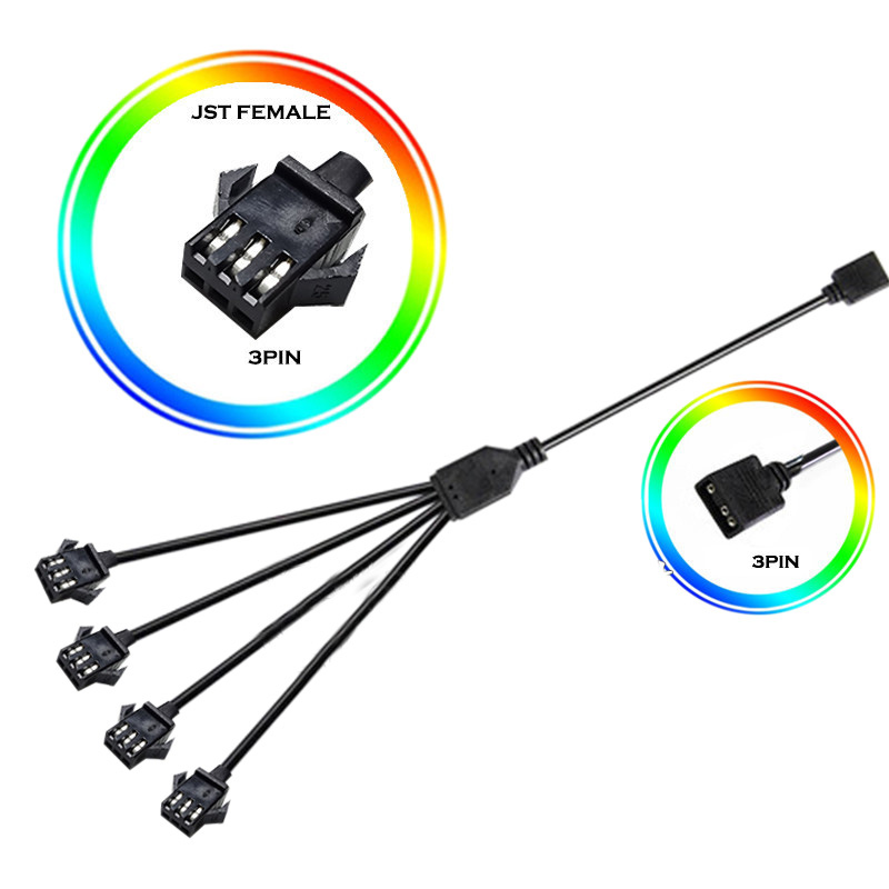 3-Pin DC5V Motherboard Interface to 4* JST Female/Male Sync Cooling Fan WS2812B LED Light Strip Splitter Extension Cable Connector
